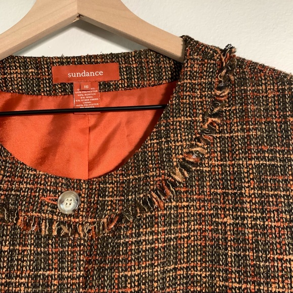 Sundance Tweed Fringe trim blazer Orange brown multicolored flap pockets 16 - Picture 6 of 9